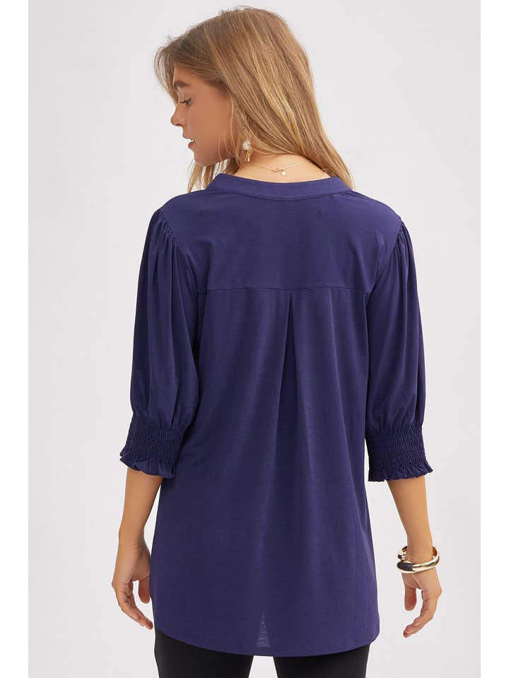 Dear Scarlett - Wholesale Blouse - Women's - Mandarin Collar 3/4 Smock Sleeve Blouse