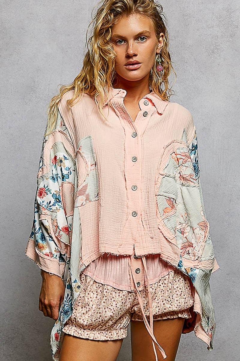 Pol Clothing - Wholesale Button Down Shirt - Women's - 3/4 sleeve roomy fit floral printed shirt top2