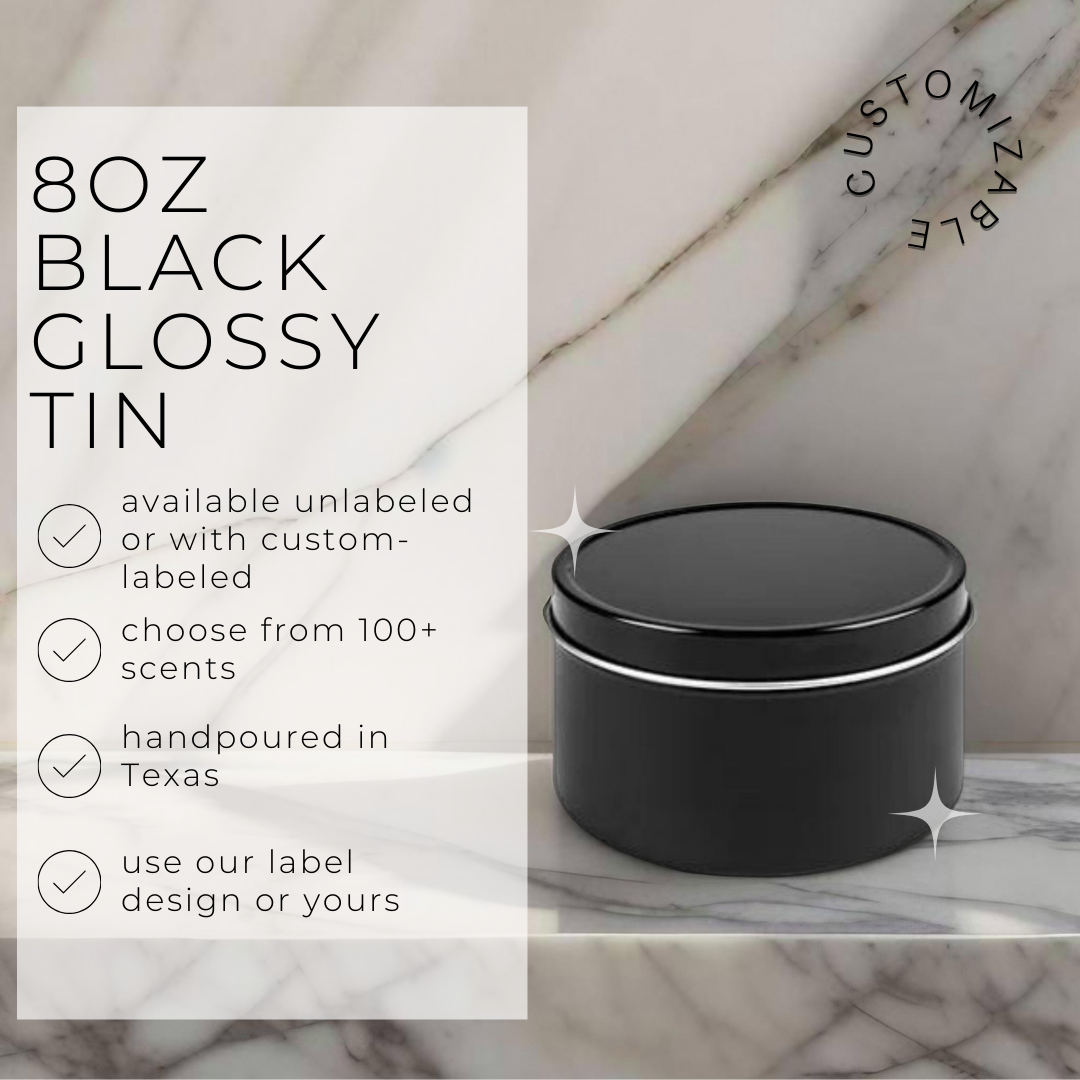 River Birch Candles - Wholesale Travel Candles - 8oz Unlabeled Black Tin *glossy* Soy Candle - Private Label1