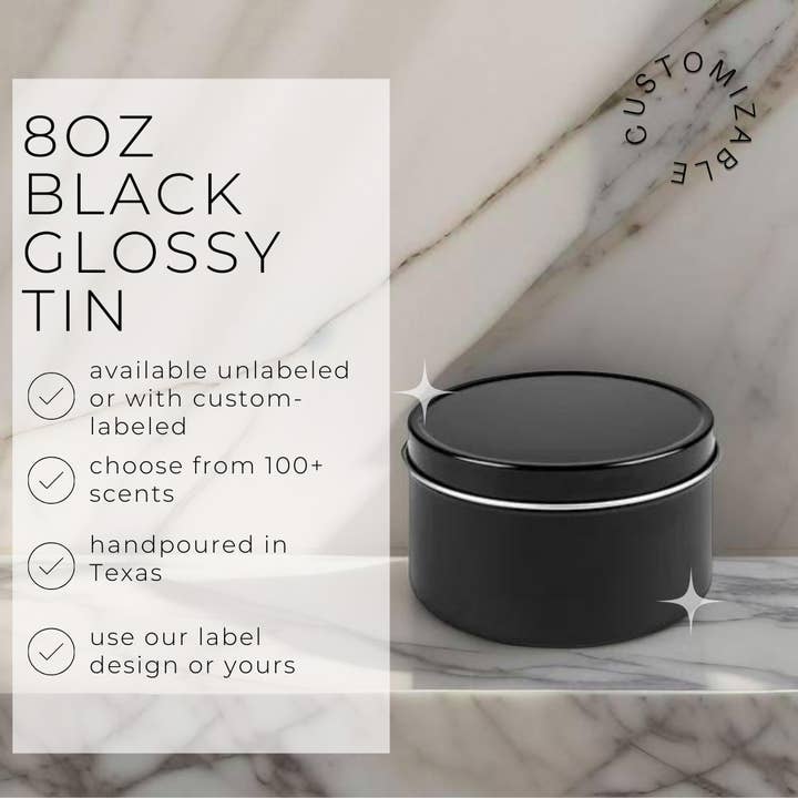 River Birch Candles - Wholesale Travel candles - 8oz Unlabeled Black Tin *glossy* Soy Candle - Private Label1