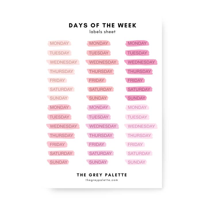 Pink Week Days Sticker Sheet for wholesale by The Grey Palette