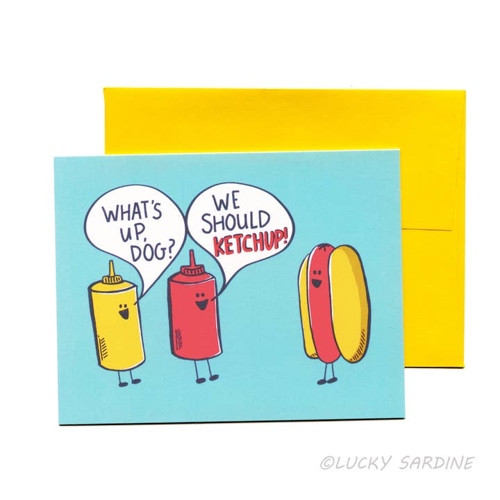 Lucky Sardine - Wholesale Friendship Card - What's Up Hot Dog, Retro Ketchup Mustard Classic Card