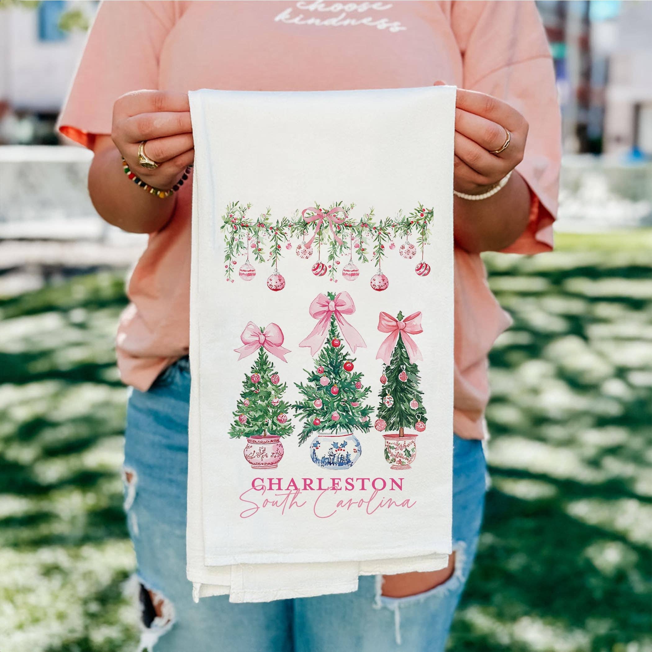White Cotton Tea Towel-Blush & Baubles Christmas | Customizable for wholesale on Faire4