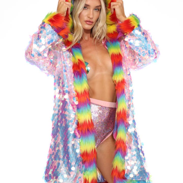 Rainbow hooded faux fur jacket for wholesale by Western Fashion