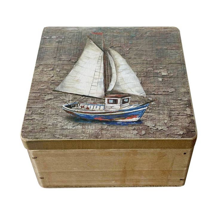 Fishing Boat with Sails Box, 9x9cm for wholesale by Nauticalia