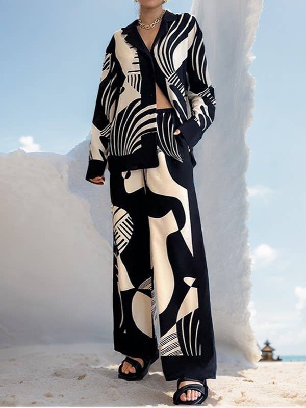 Rosa Clothing - Wholesale Lounge Set - Women's - Printed Long-Sleeved Shirt Straight-Leg Pants Lounge Set12