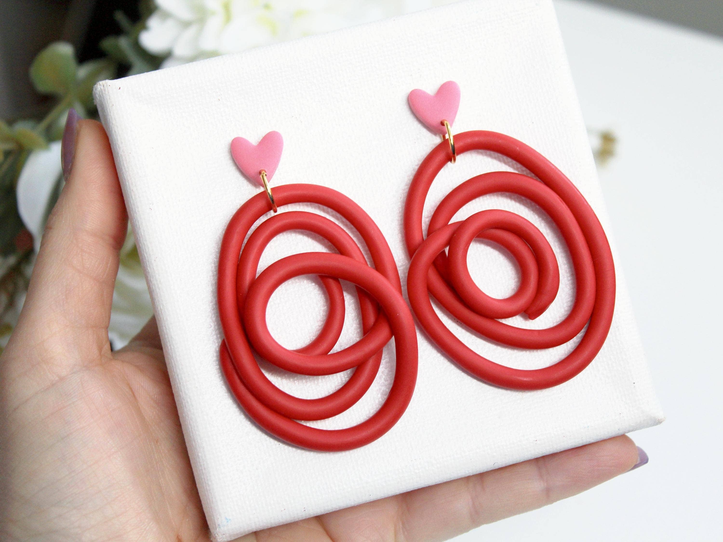 Studio Niani - Wholesale Dangle Earrings - Red Spiral Polymer Clay Earrings with Pink Heart Studs, Gift4