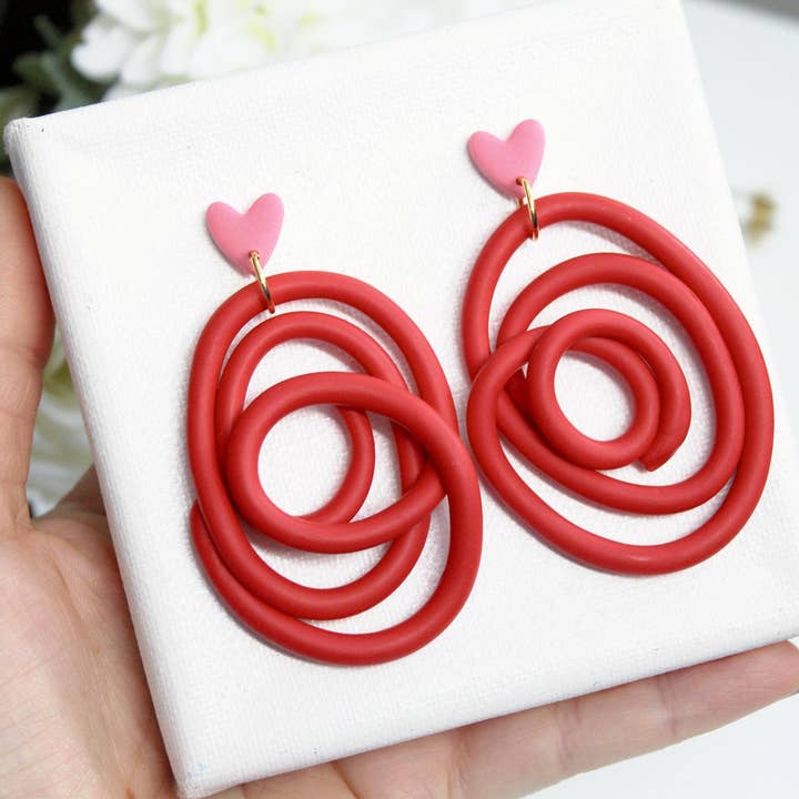 Studio Niani - Wholesale Dangle Earrings - Red Spiral Polymer Clay Earrings with Pink Heart Studs, Gift4