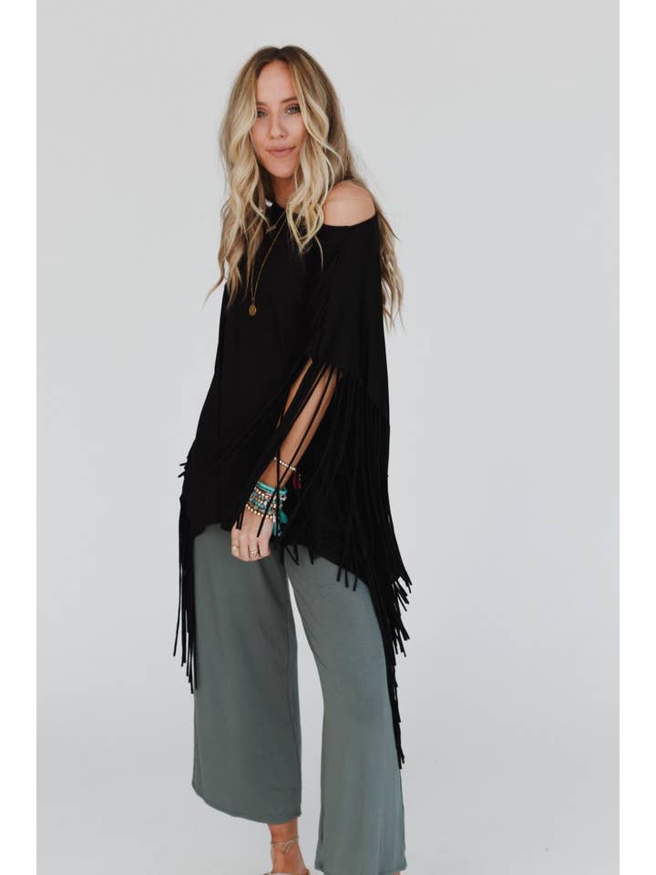 Three Bird Nest - Wholesale Tunic - Women's - Showstopper Fringe Top - Black