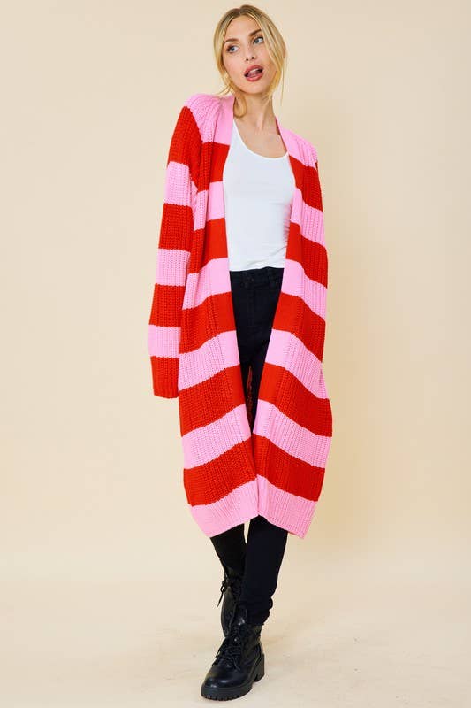 Peace Love Line - Wholesale Cardigan - Women's - STRIPED MIDI SWEATER CARDIGAN1