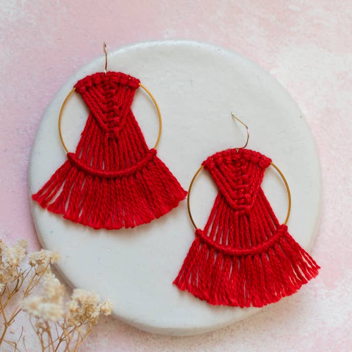 DREAM CATCHER RED EARRINGS, MACRAME EARRINGS for wholesale by Prachi's Bohemian Art