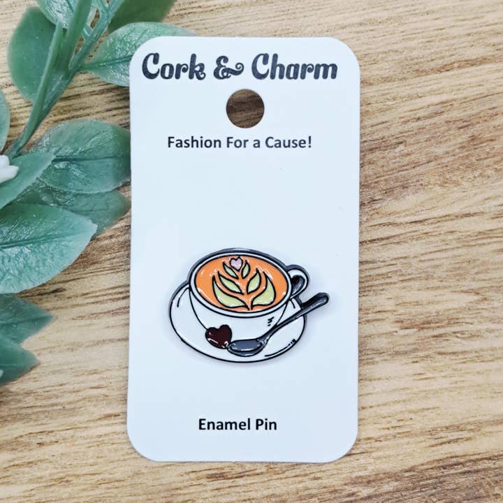 Coffee Cup with Latte Art Spoon Enamel Pin for wholesale by Cork and Charm