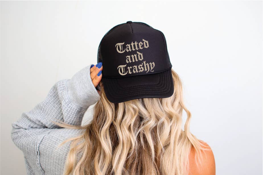 Southern Attitude Designs Inc - Wholesale Trucker Hat - Women's - Tatted and Trashy DTF Printed Black Trucker Hat