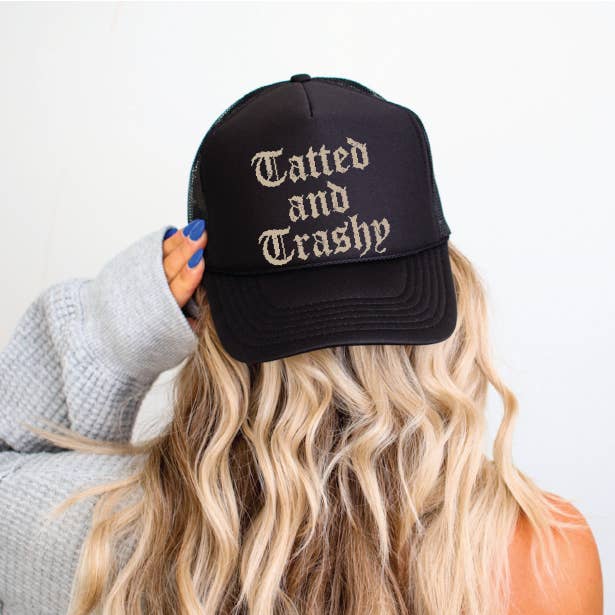 Southern Attitude Designs Inc - Wholesale Trucker Hat - Women's - Tatted and Trashy DTF Printed Black Trucker Hat0
