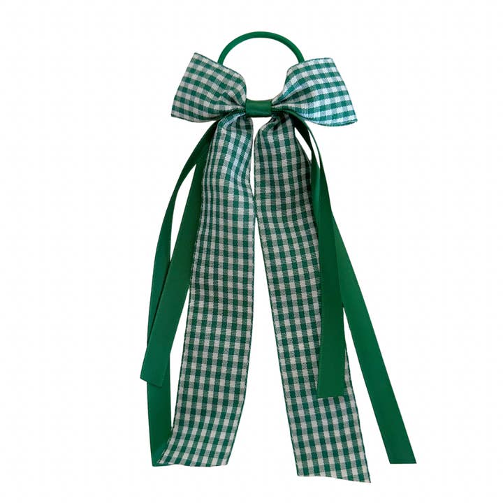 Poppet Locks - Wholesale Hair tie - Green Gingham Bow hair tie 3” x 6”
