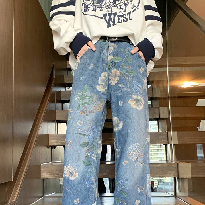Floral Print Jeans Loose Floor-Mounting Wide Leg Pants for wholesale by Tourtiwi