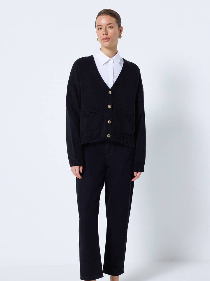 Black A KNIT CARDIGAN WITH BUTTON POCKET DETAILS for wholesale on Faire