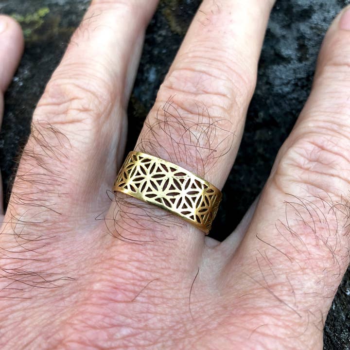 Brass Flower of Life Ring / Adjustable Flower of Life Band for wholesale by JAYA MOKSHA