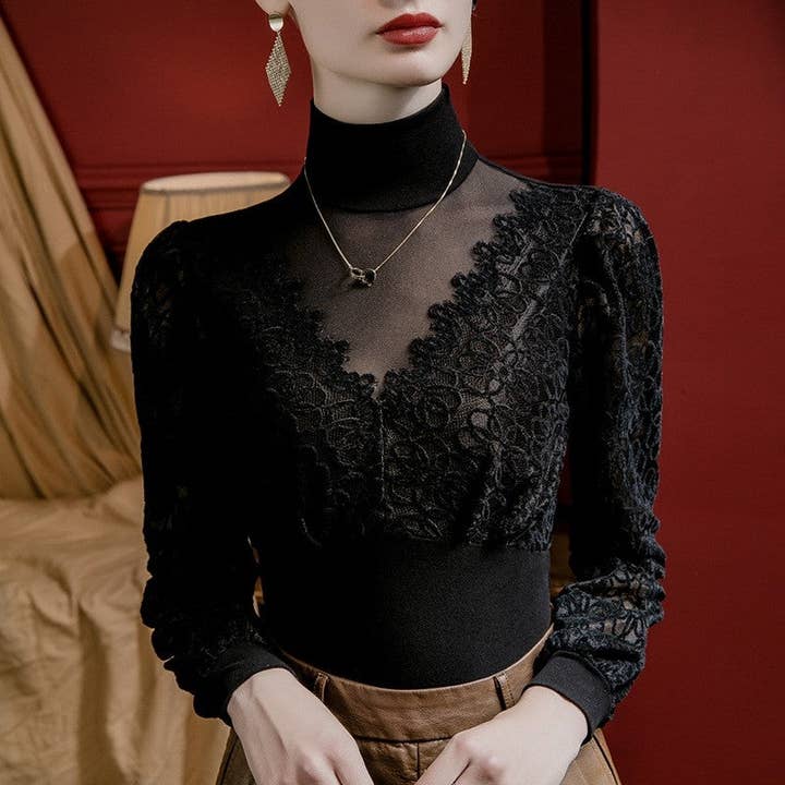 Camicetta con colletto alla coreana patchwork in pizzo trasparente per la vendita all'ingrosso da parte di UZ Wholesale Store