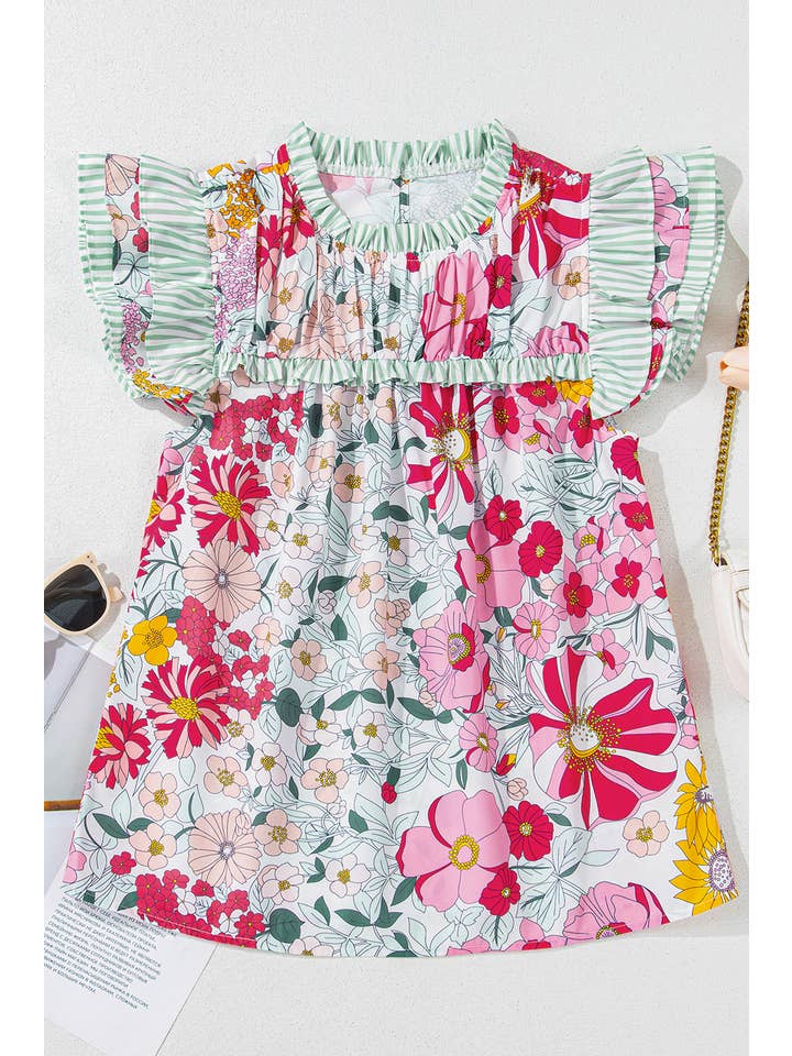 Pink LDC Floral Print Contrast Ruffle Trim Short Sleeve Blouse for wholesale on Faire