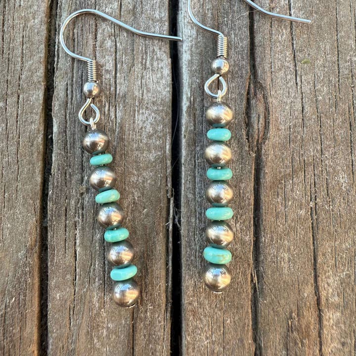Sterling Silver Pearl & Small Kingman Turquoise Earrings for wholesale by Wild Mountain Silver