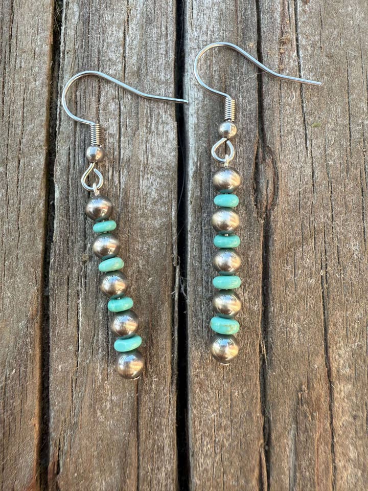Sterling Silver Pearl & Small Kingman Turquoise Earrings for wholesale by Wild Mountain Soul Designs