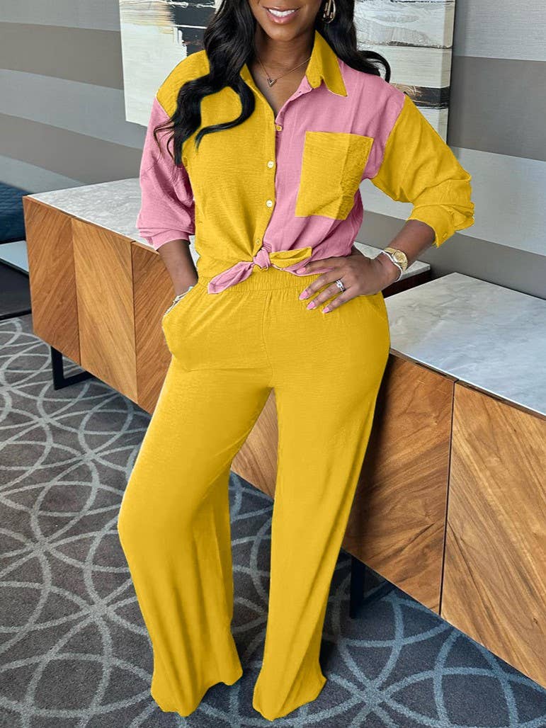 HIDDENBRAND - Wholesale Top & Pant Set (NOT Loungewear) - Women's - contrast color block shirt wide leg pant 2 piece set5