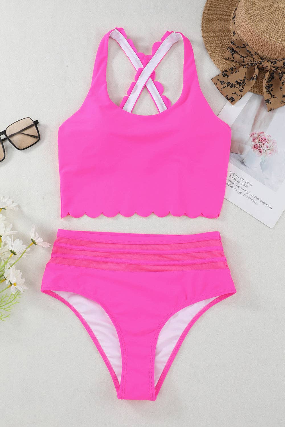 EG fashion - Wholesale Two Piece Swimsuit - Women's - Pink Scalloped Sleeveless High Waisted Two Piece Swimsuit33