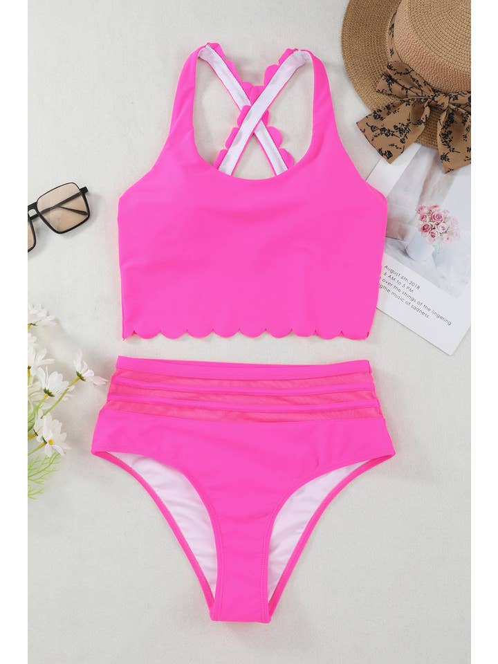 EG fashion - Wholesale Two Piece Swimsuit - Women's - Pink Scalloped Sleeveless High Waisted Two Piece Swimsuit33