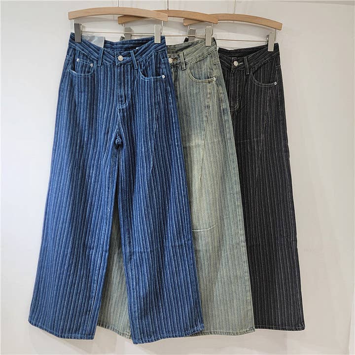 SALINA TRADING INC - Wholesale Jeans - Women's - Vintage-Inspired Wide Leg Denim Pants with Stripes - Casual Street Style3