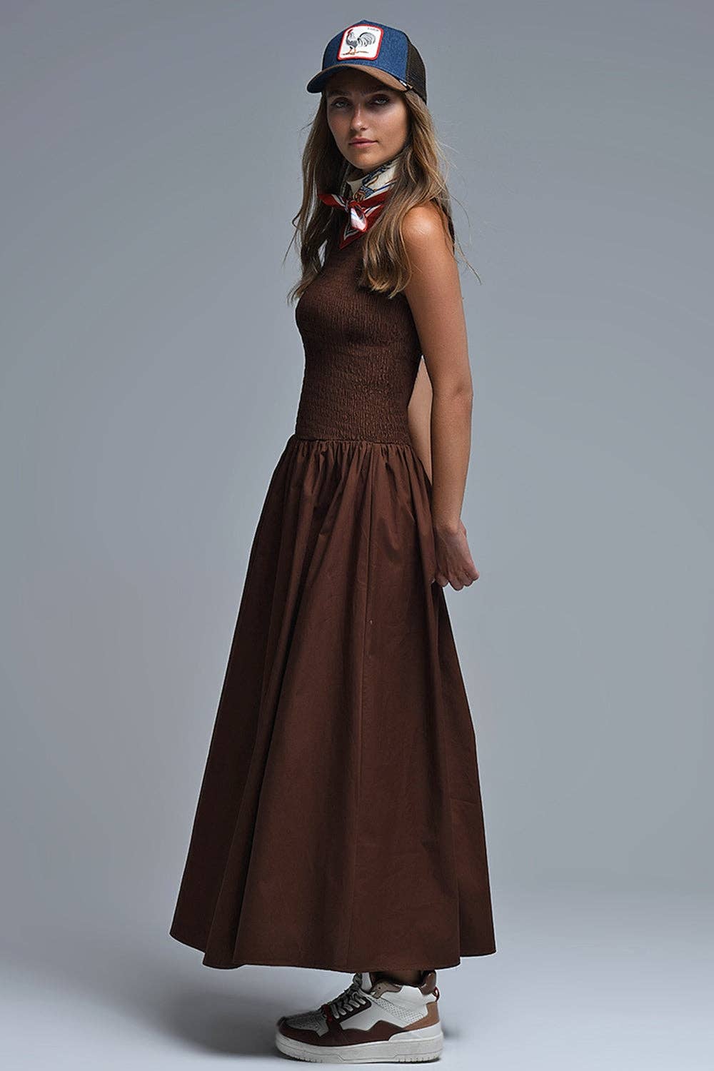 Maxi Brown Smocked Poplin Dress for wholesale on Faire2