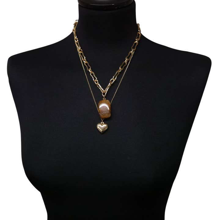 Layered Necklace in gold- with beige stone and heart NK392GB for wholesale by Jess & Lou