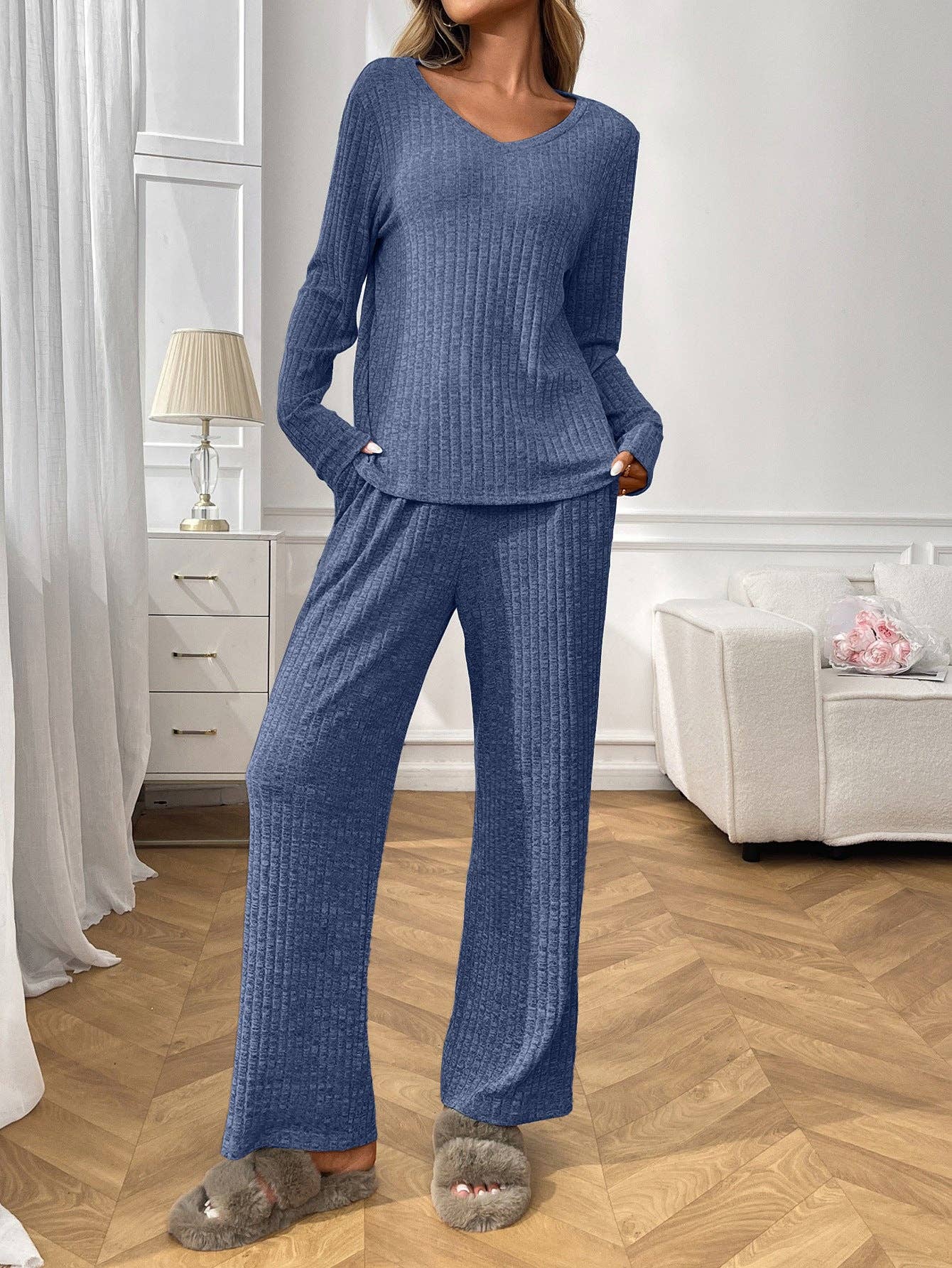 Lovesoft - Wholesale Lounge Set - Women's - Ribbed Knit Lounge Set with V Neck and Wide Pants5