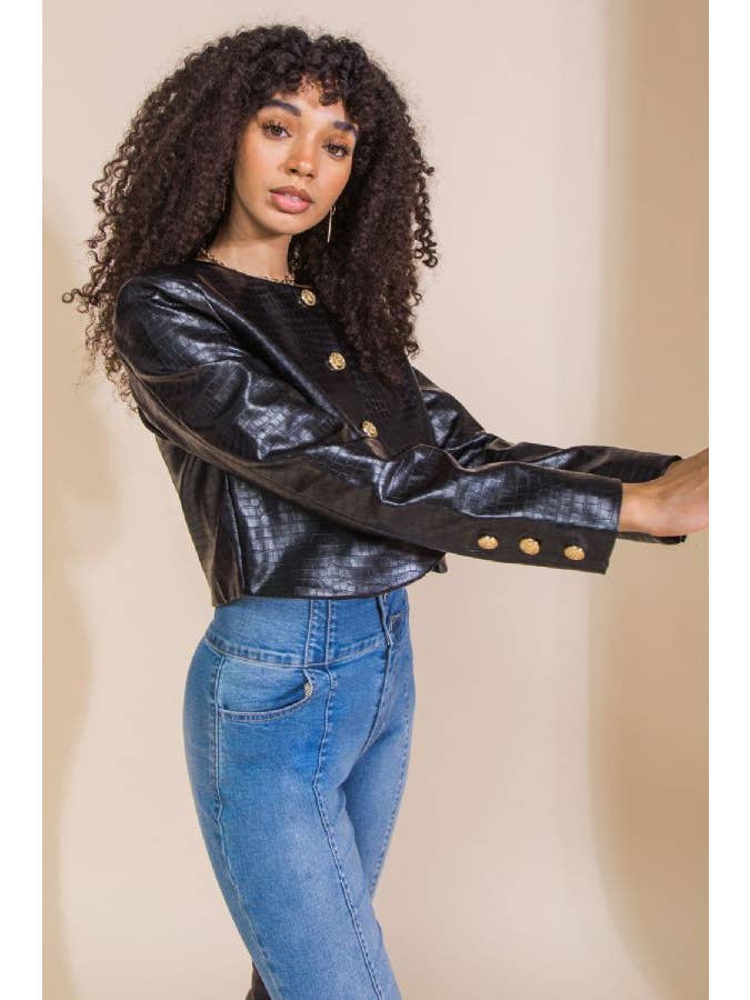 BLACK A textured faux leather bolero jacket-IJ10135 for wholesale on Faire