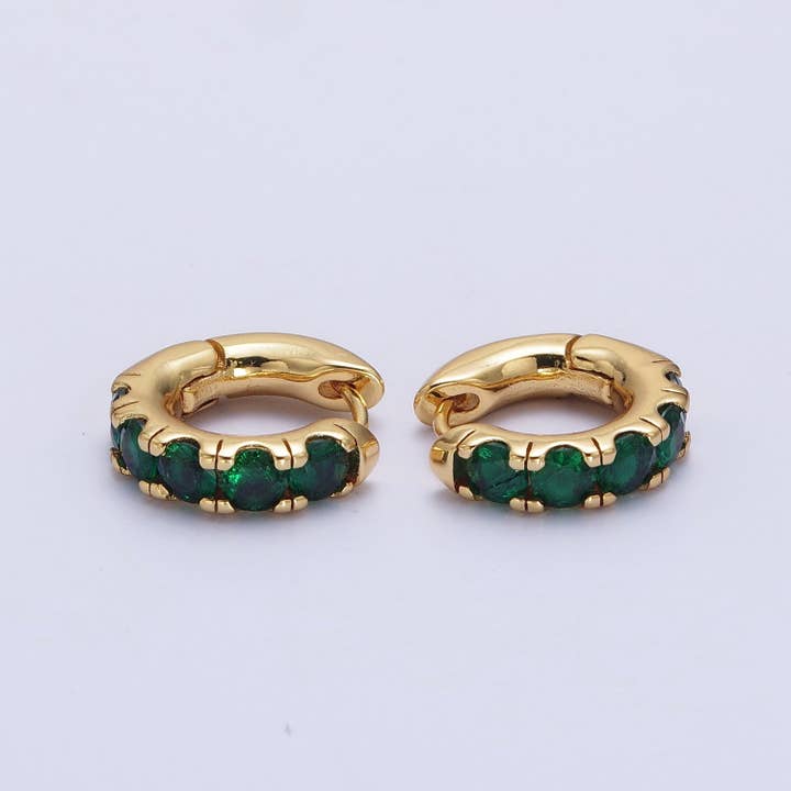 Aim Eternal - Wholesale Huggie Earrings - 24K Gold Filled Emerald Green Micro Pave Cubic Zirconia 16.5