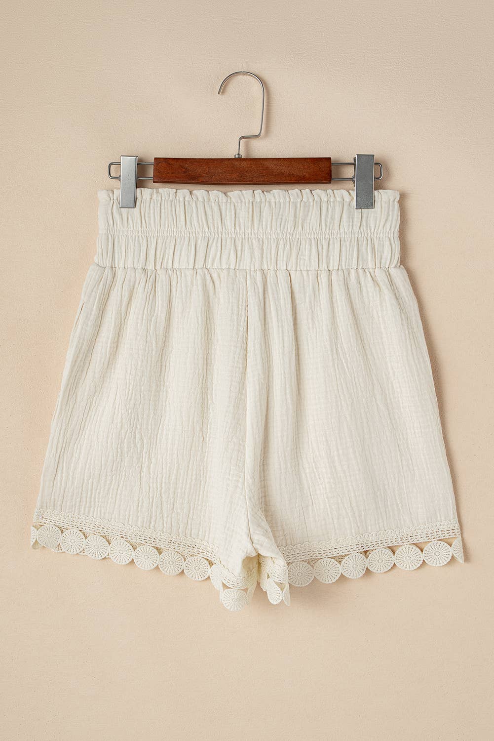 Apricot Textured Frilled Knotted High Waist Lace Hem Shorts for wholesale on Faire4