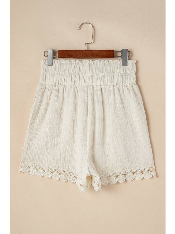 Apricot Textured Frilled Knotted High Waist Lace Hem Shorts for wholesale on Faire4