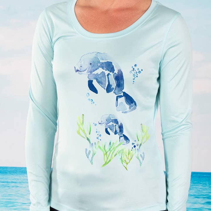 Aqua Blue "Manatee Family" UPF 50 Performance Ultra Comfort Shirt for wholesale on Faire1