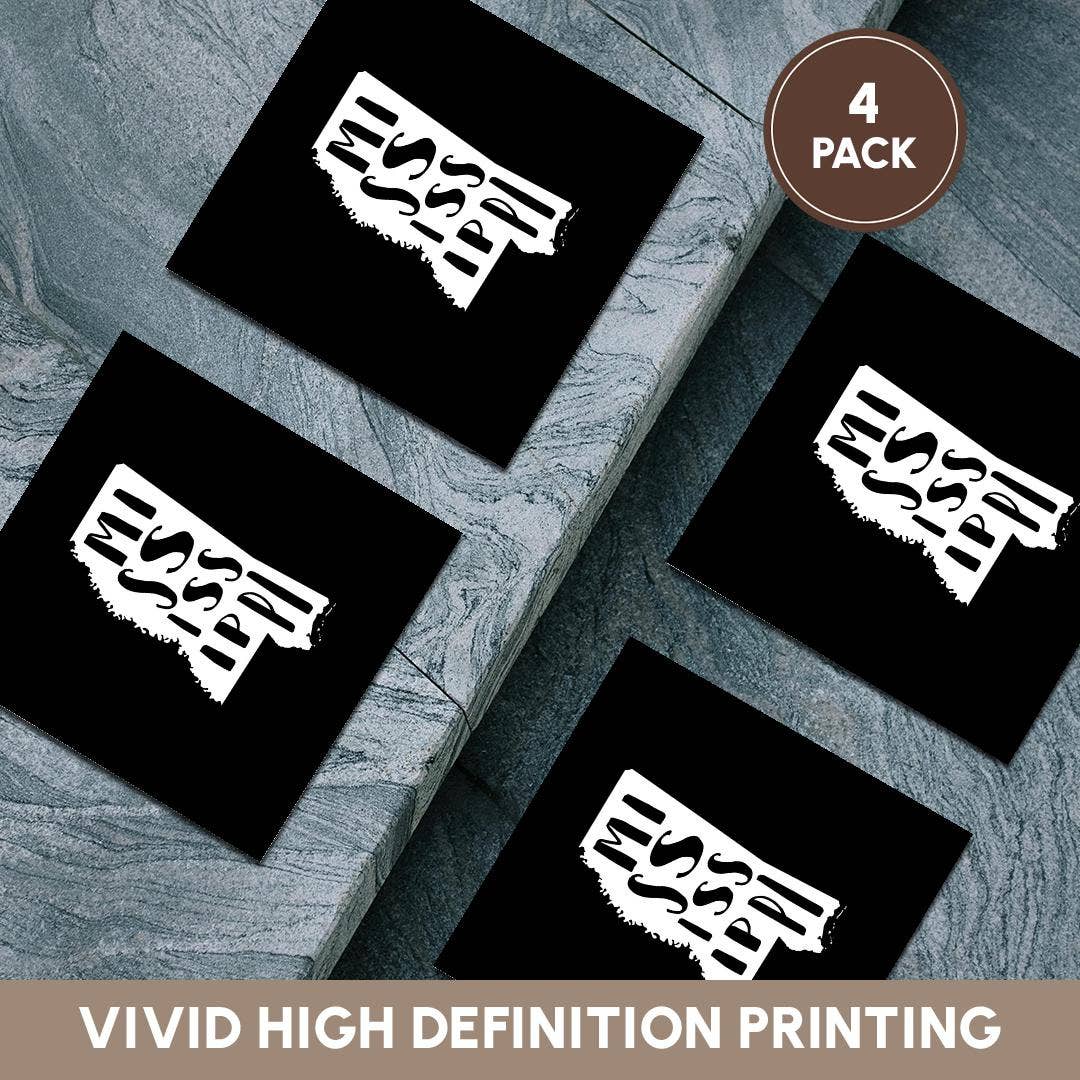 3dRose - Vente Sous-verre - 3dRose, Mississippi écrit à l'intérieur de l'État. Fond noir., Dessous de verre5