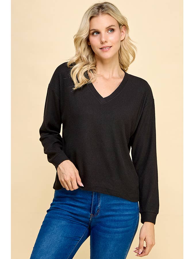 Heart & Hips - Wholesale Knit Top - Women's - RT51814L - V-NECK BRUSHED RIB HACCI RELAX FIT LONG SLEEVE TO0