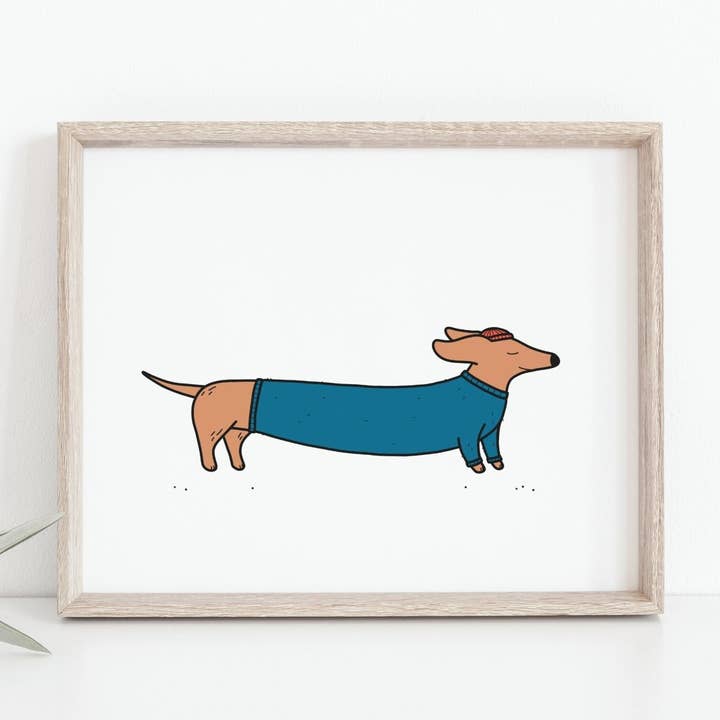 Illustration d'un chien Wiener avec bonnet/Impression giclée à la main pour la vente par Bleu Marie Artwork