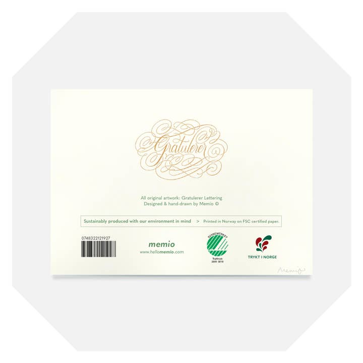 Memio Illustrated Designs - Wholesale Birthday Card - Gratulerer A6 Card + rich gold envelope1