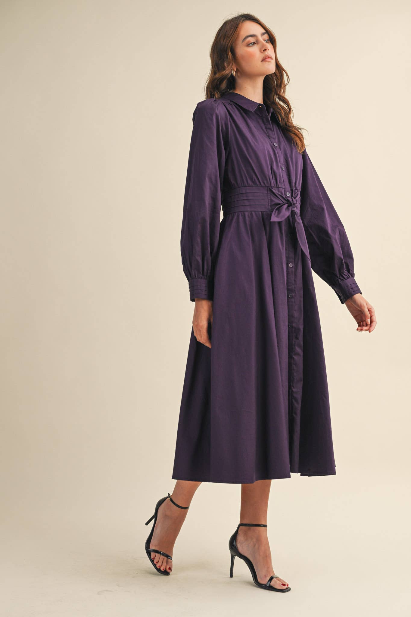 &MERCI - Wholesale Dress - Women's - PINTUCK WAIST TIE FRONT MIDI DRESS MDR42198