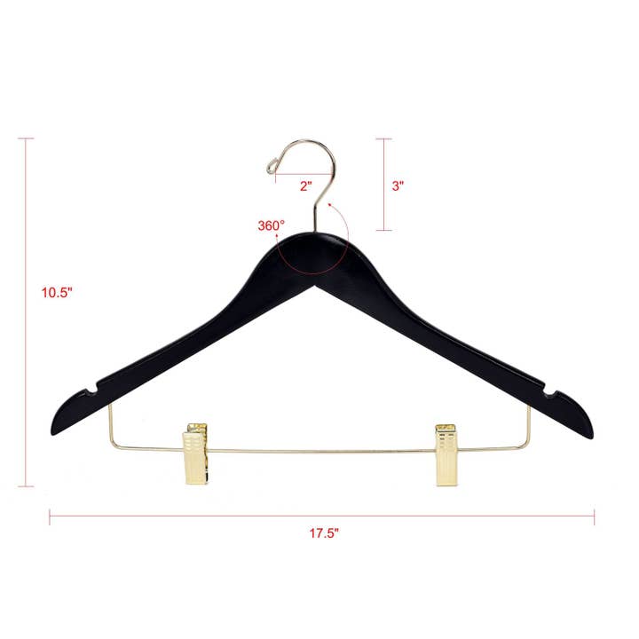 Quality Hangers - Wholesale Clothes Hangers - W072 Semi Curved Wooden Skirt Hangers - Black with Gold Hook