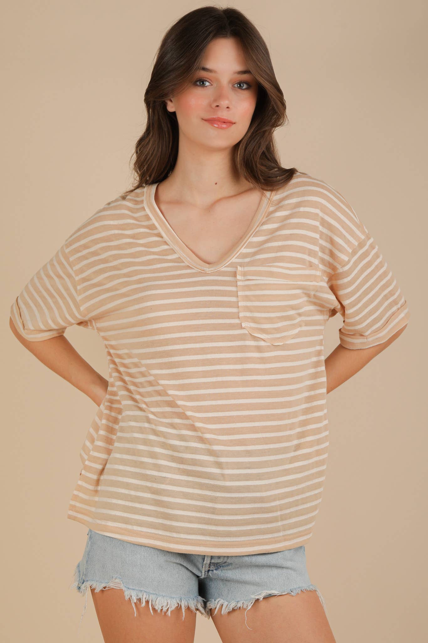 VERY J - Wholesale Knit Top - Women's - NT12167-Oversized Stripe Casual V-Neck Knit Top0