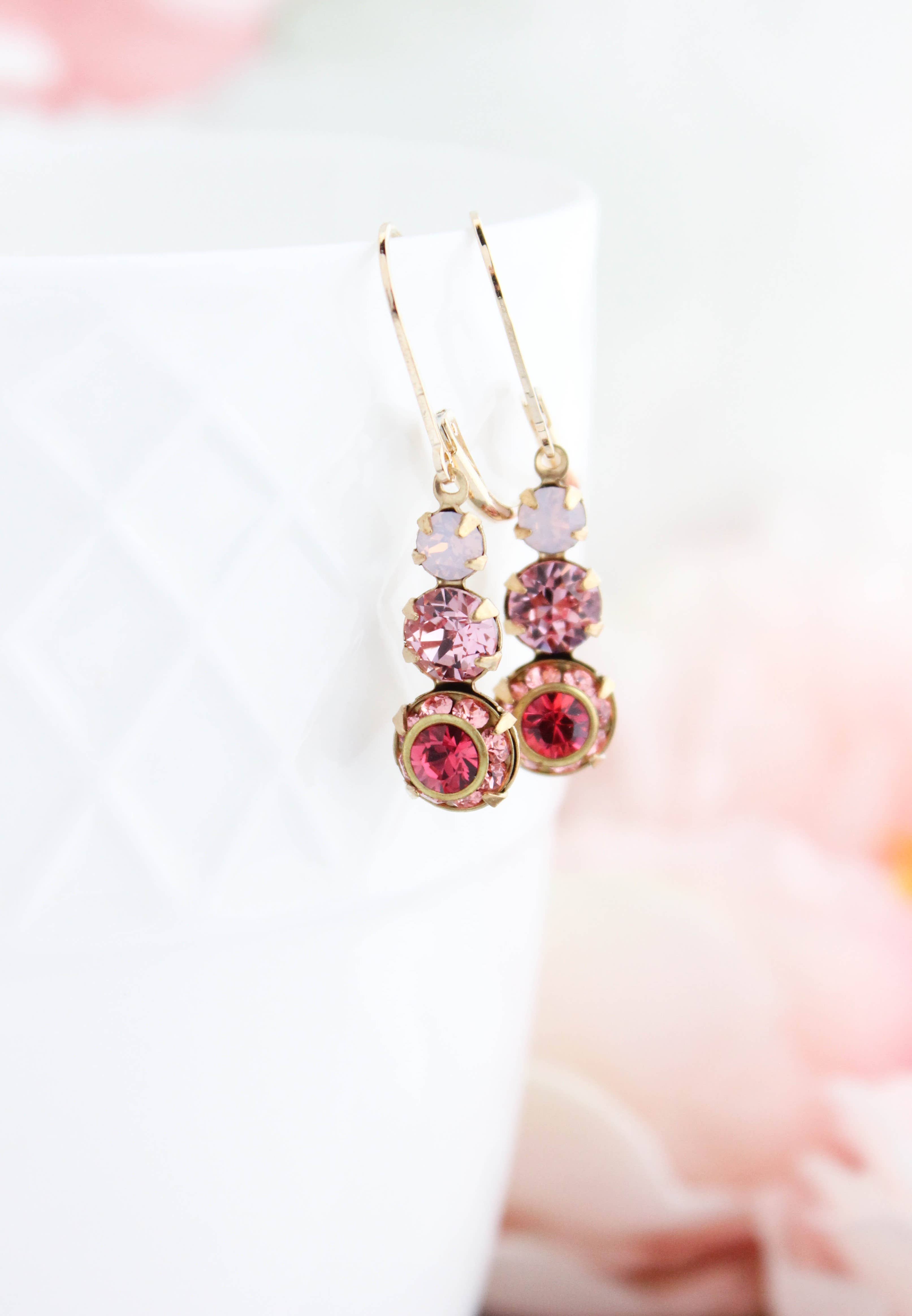 A Pocket of Posies - Wholesale Dangle Earrings - Vintage Glass Earrings -Three Jewel - Rose Pink Sparkle2