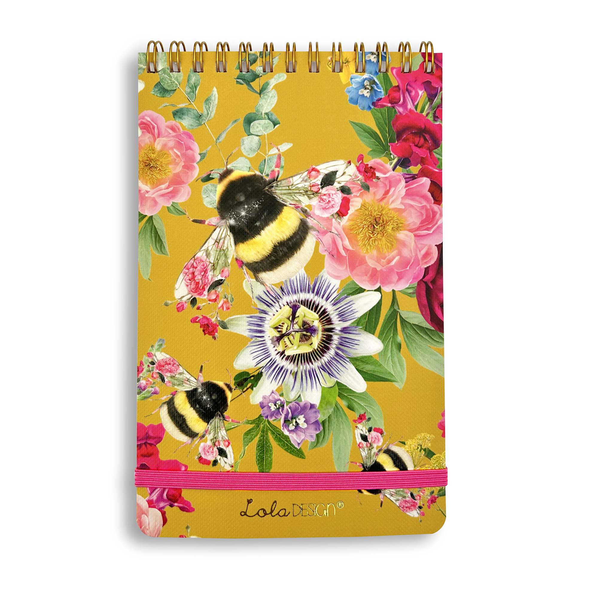 Lola Design Ltd - Wholesale Notepad - Mustard bee pattern top spiral notepad with elastic closure2