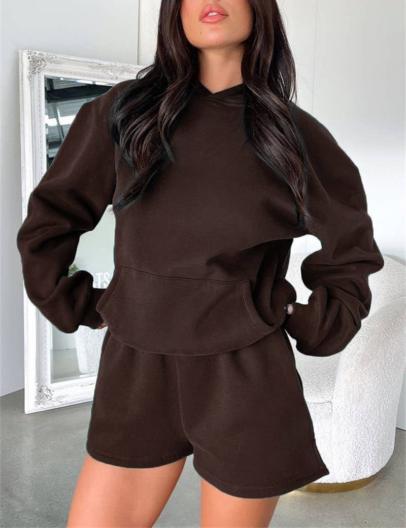 HIDDENBRAND - Wholesale Lounge Set - Women's - basic pocket hoodie &  drawstring short set outfits6