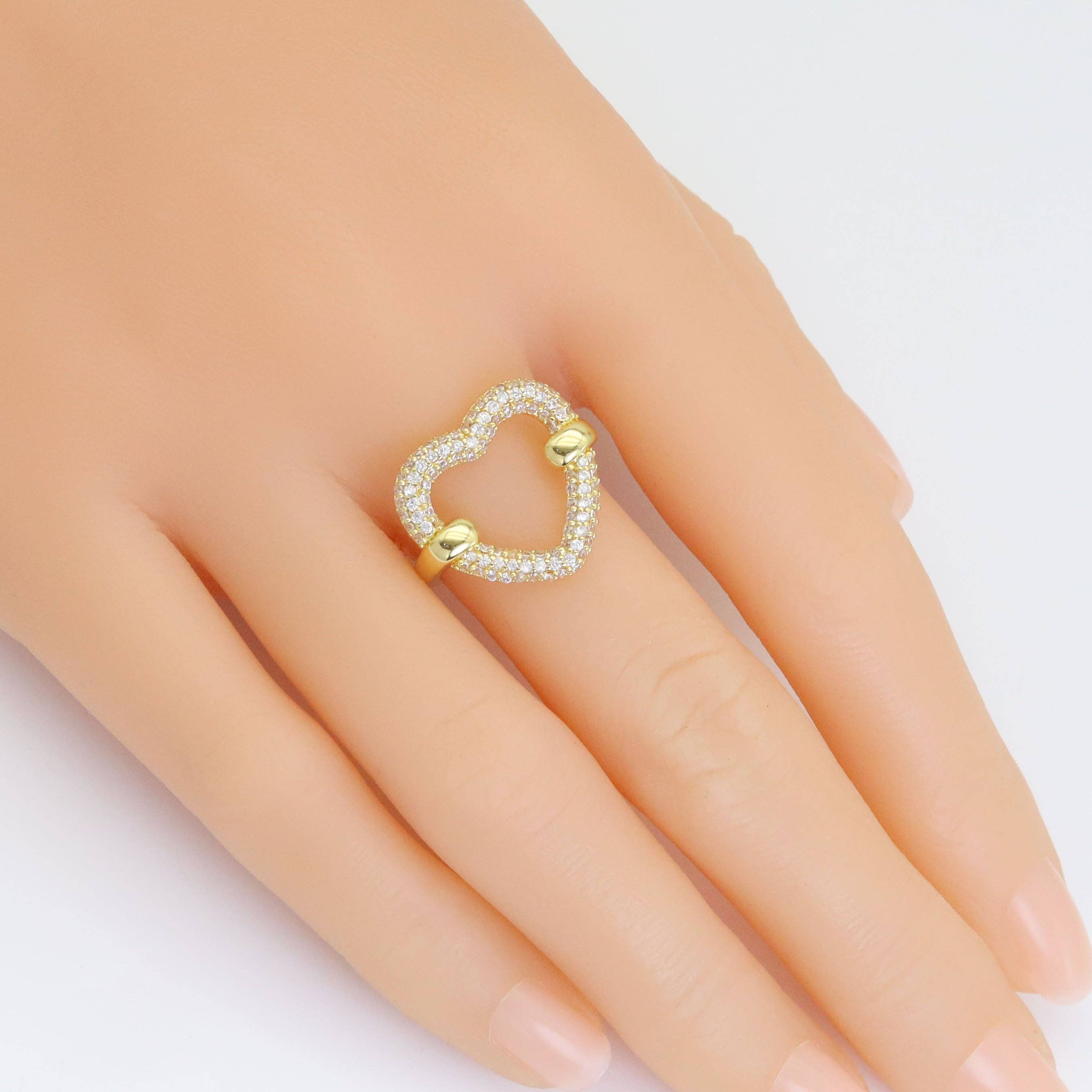 BestBeads&Beyond - Wholesale Multi-Stone Ring - Clear CZ Open Heart Gold Silver Adjustable Ring, Sku#A1721