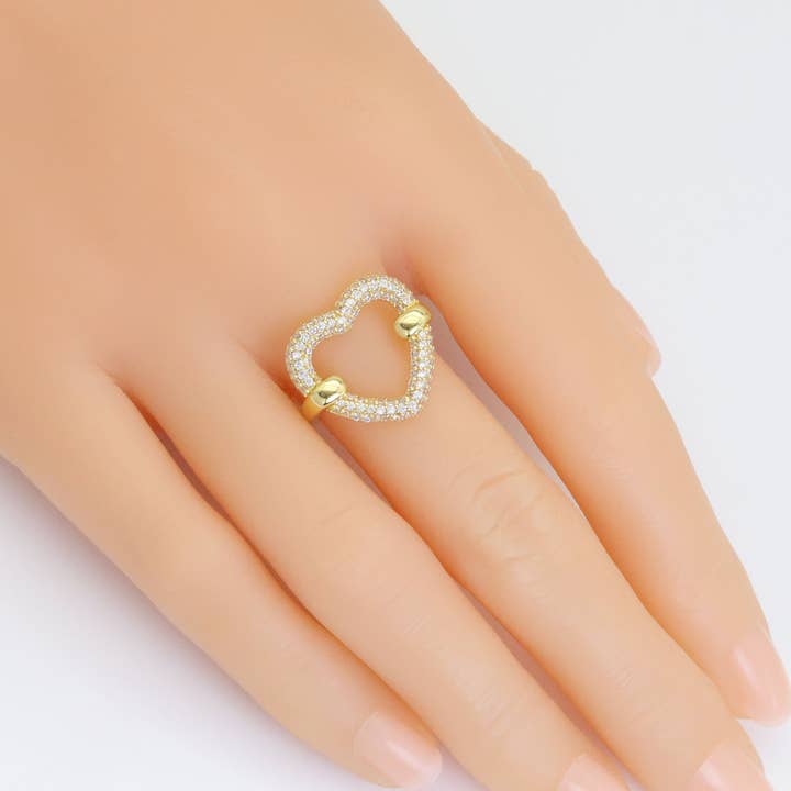 BestBeads&Beyond - Wholesale Multi-Stone Ring - Clear CZ Open Heart Gold Silver Adjustable Ring, Sku#A1721